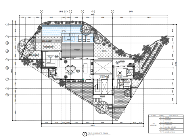 Architectural floor plan drawing of Villa Perry on its plot