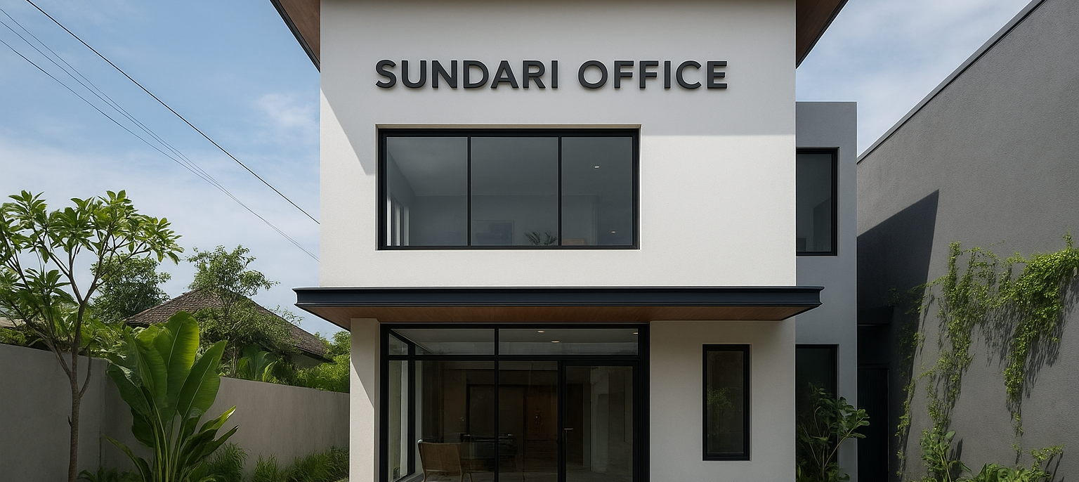 Exterior of the Sundari Office building with signage in Bumbak, Bali