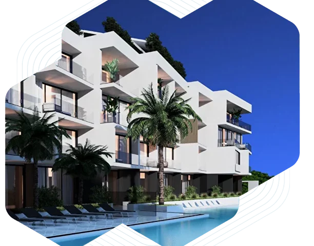 Visualization of the Cube Apartment building blocks with palms and a pool