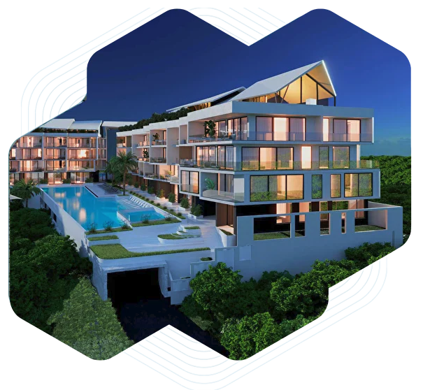 Architectural visualization of the Cube Apartment building with a pool and terraces in Uluwatu