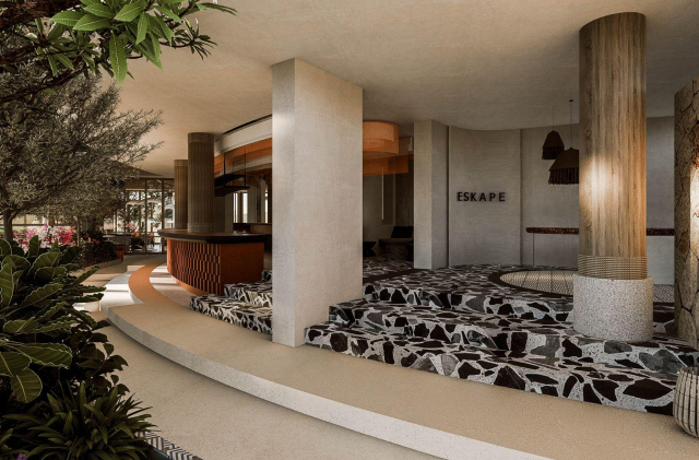 Interior visualization of the Eskape lounge and reception at Klingking Beach Club