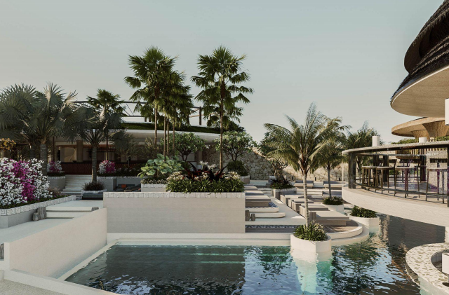 Visualization of the Klingking Beach Club pool deck and landscaped terraces