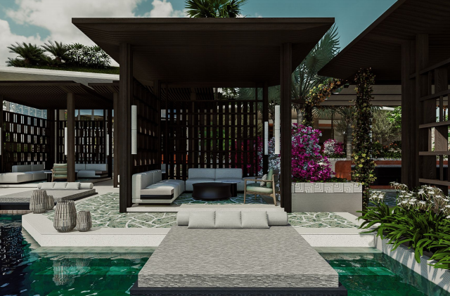 Visualization of an outdoor lounge and pool pavilion at Klingking Beach Club