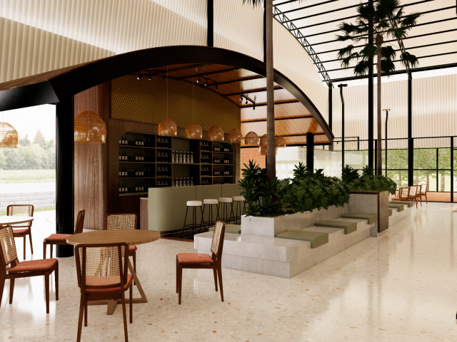 Interior visualization of the Padel Salvajae café and dining area