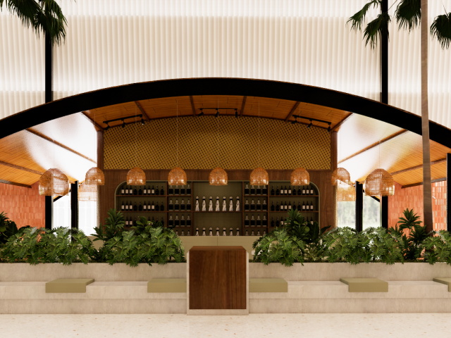 Visualization of the Padel Salvajae padel court hall with an arched timber roof