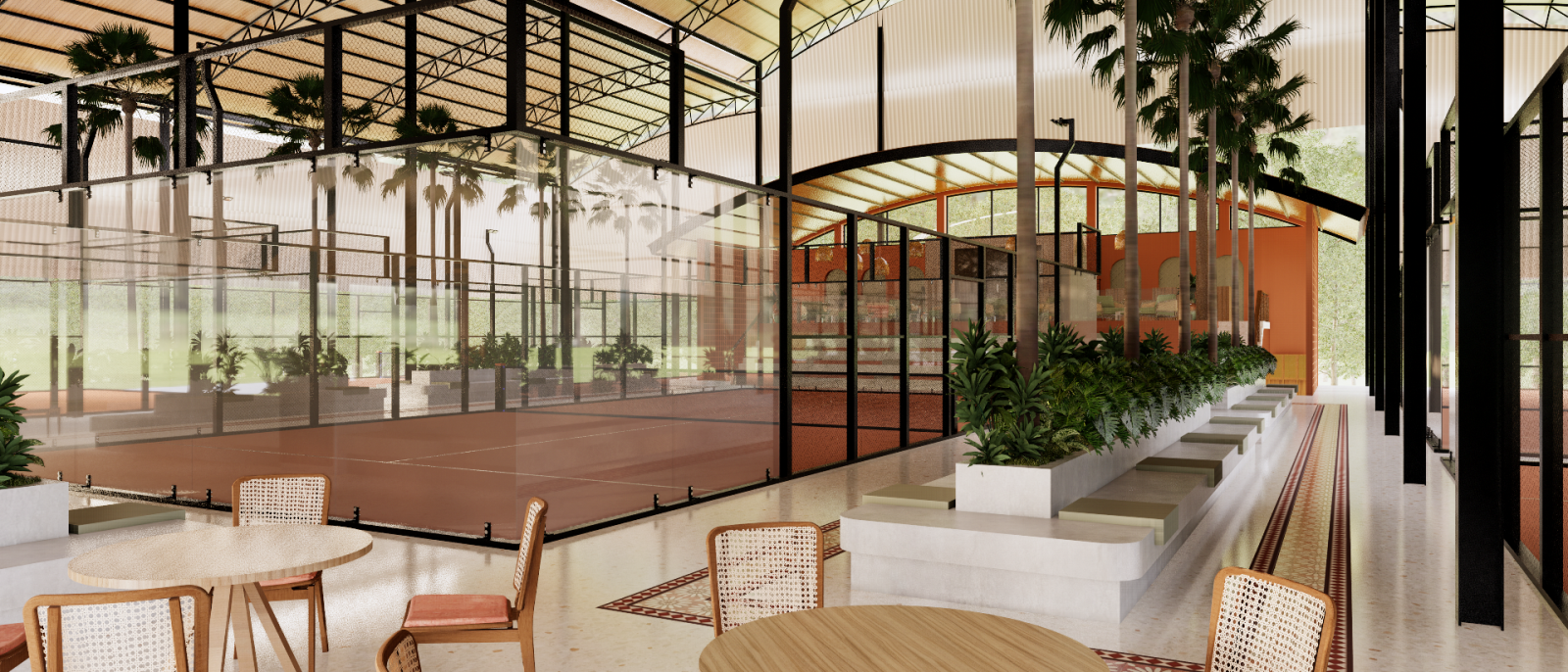 Interior visualization of the Padel Salvajae lounge and dining area with a pergola roof