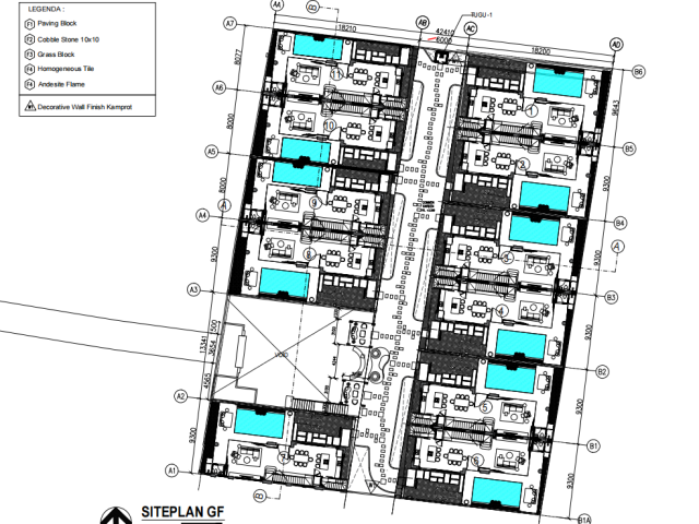 Architectural site plan of the Maison Aela villas showing pool positions