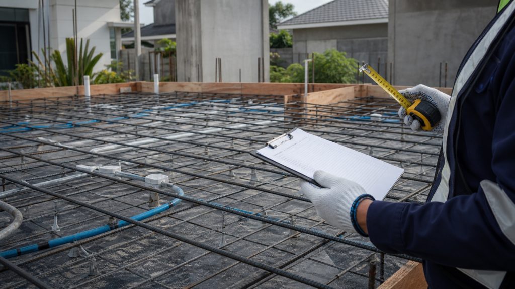 Quality control inspection of reinforcement before casting a concrete floor slab