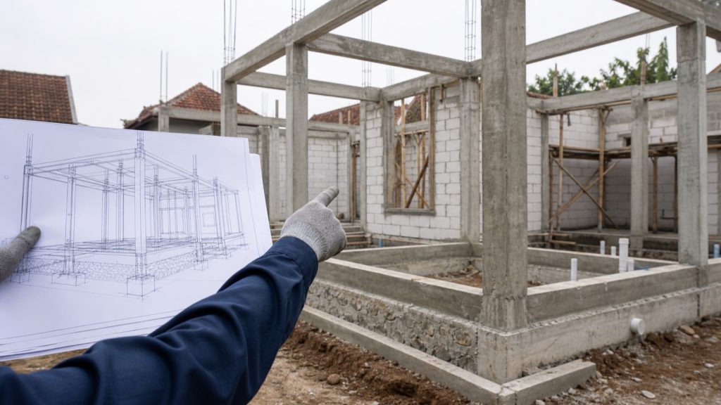 Residential reinforced concrete frame showing foundation, beams and ring beams