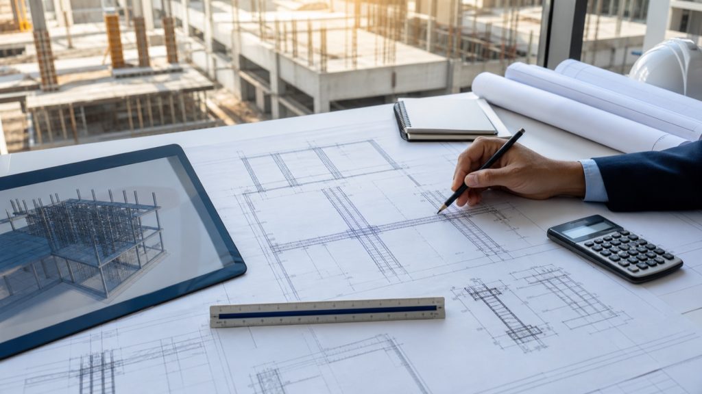 Engineer reviewing residential structural drawings and a three-dimensional structural model