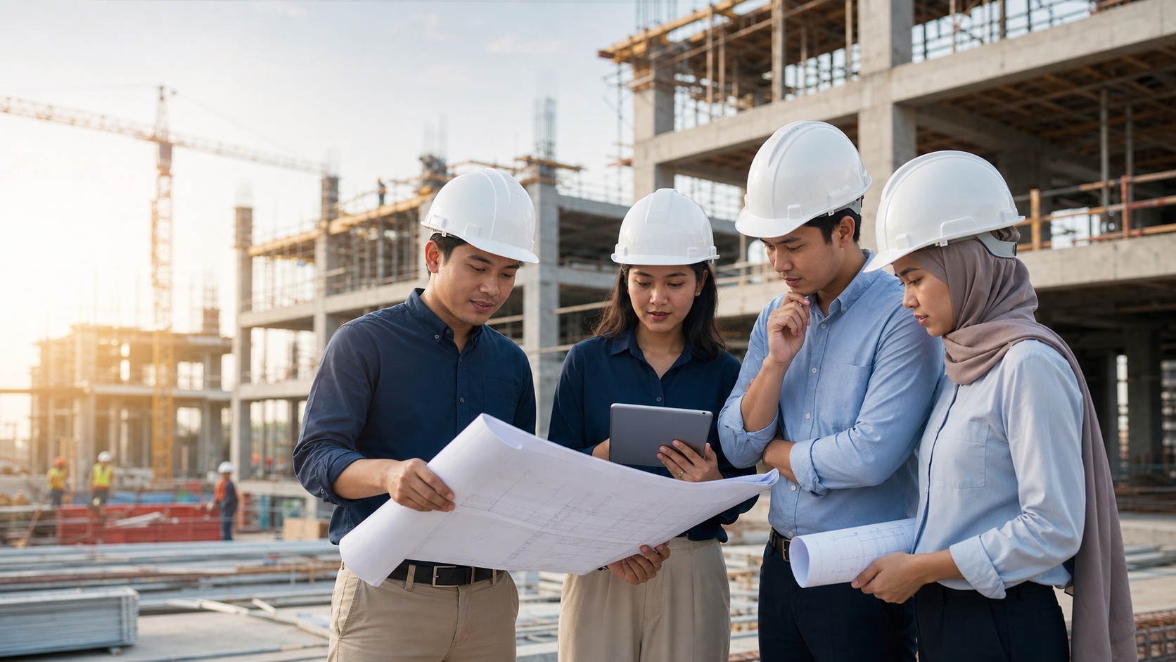 QS Services professionals reviewing construction drawings and project costs on site
